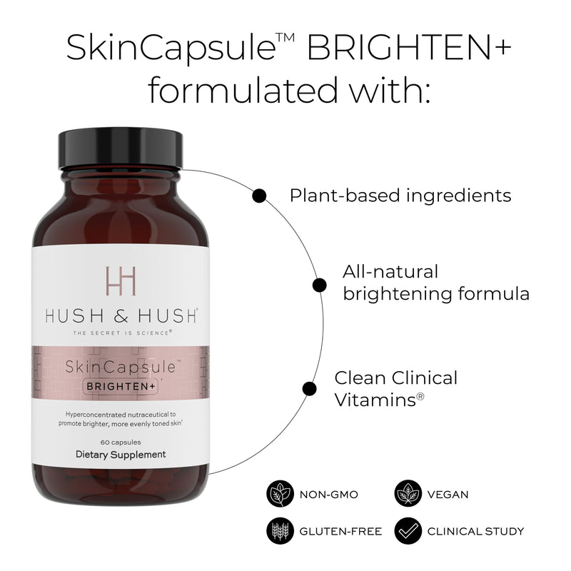 Hush & Hush SkinCapsule Brighten+ Skin Brightening Supplement | Vitamin C with Saberry & Lutemax for dark spots and dull, uneven tone; supports radiant-looking skin; vegan, non-GMO
