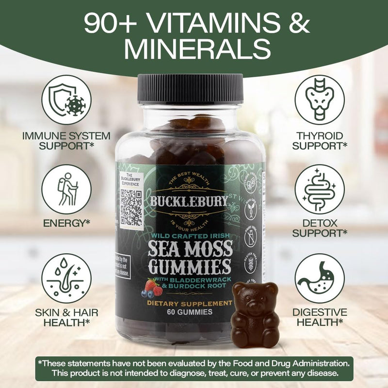 BUCKLEBURY Wild Crafted Irish Sea Moss Gummies with Bladderwrack & Burdock Root - Natural Chewable Multivitamin Vegan Sea Moss Gummies for Immune, Thyroid & Digestive Support - 60 Count