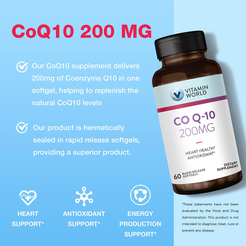 Vitamin World CoQ10 200 mg Softgels, 60 Rapid Release Softgels | Coenzyme Q10 Supplements for Antioxidant Support, Heart Health & Energy Production, Gluten Free 60 Count (Pack of 1)