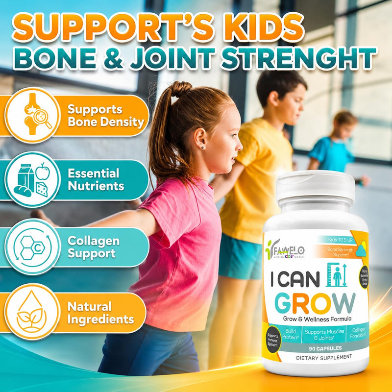 I Can Grow Day-Time Growth Support for Kids 10+ & Teens, 90 Capsules | Bone and Muscle Strength, Focus Support with L-Arginine, L-Ornithine, L-Glycine, Colostrum, Calcium, D3, Magnesium, Zinc