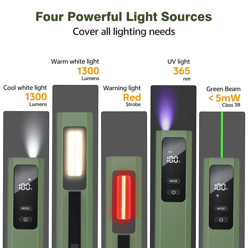 EDC Flashlight 4 in1 Magnetic Flashlight High Lumens Work Light with Green Beam & UV & Warning Light Combo EDC Flashlight Rechargeable LT-010 (Green) - BeesActive Australia