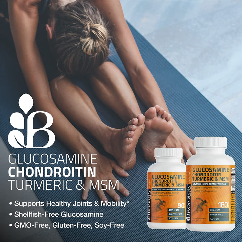 Bronson Glucosamine Chondroitin Turmeric & MSM Joint Support, 180 Capsules | Standardized Boswellia, Shellfish-Free Glucosamine, Mobility & Comfort Support, Non-GMO, Gluten-Free & Soy-Free 180 Count (Pack of 1)