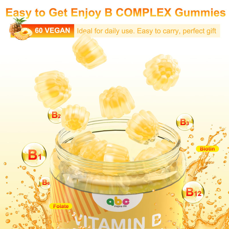 Vitamin B Complex Gummies for Adult Kid-Pineapple Flavor-Chewable Supplement with 8 Essential B Vitamins (B1, B2, B3, B5, B6, B7, B9, B12) Non GMO,Vegan 60 Count 60 Count (Pack of 1)