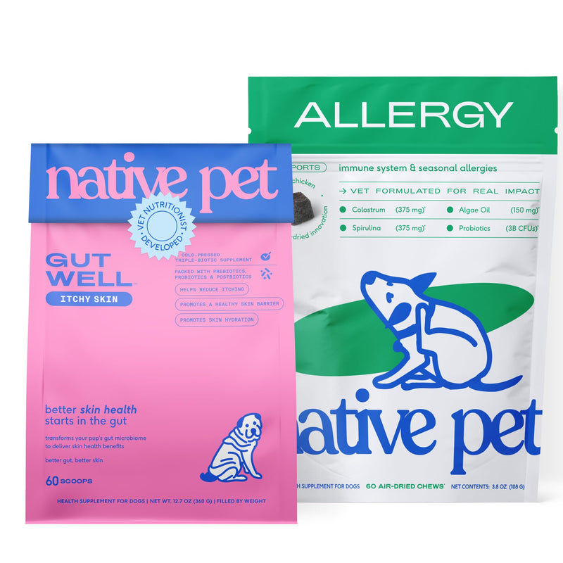 Native Pet Scratch-Free Support Pack: 60 Scoops GutWell Itchy Skin - Dog Itching Skin Relief & Seasonal Allergy Itch Relief & 60 Dog Allergy Chews - Allergy Relief with Probiotics and Colostrum