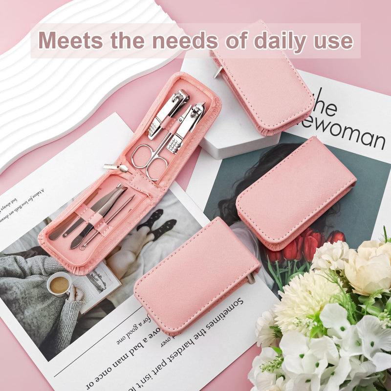 Manicure Set Bulk, Nail Clippers Kit Stainless Steel Fingernail Clippers Set, Sturdy Nail Tip Cutter Trimmers Professional Grooming Toenail Clippers Personal Pedicure Kits 8 in 1 (Pink 12 Pack) 4.14 in