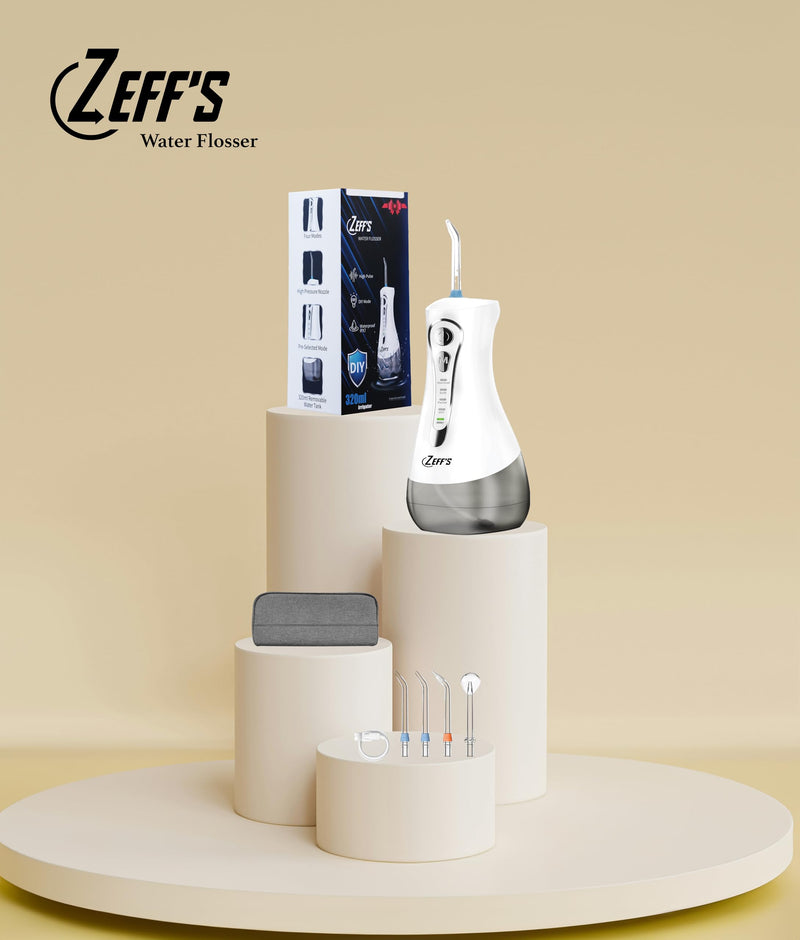Zeff's Dental Water Flosser for Teeth Cleaning – 320ml Detachable Tank, IPX7 Waterproof, Rechargeable Battery, 360° Nozzle, Portable Oral Irrigator with 5 Tips & Travel Bag