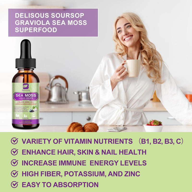 B BEWORTHS Sea Moss Liquid Drops with Black Seed Oil, Ashwagandha, Soursop | Multimineral irish Seamoss Supplement with Bladderwrack, Burdock Root for Immune, Energy, Hair & Digestion Wellness - Vegan Soursop bitters 2 Fl Oz (Pack of 1)