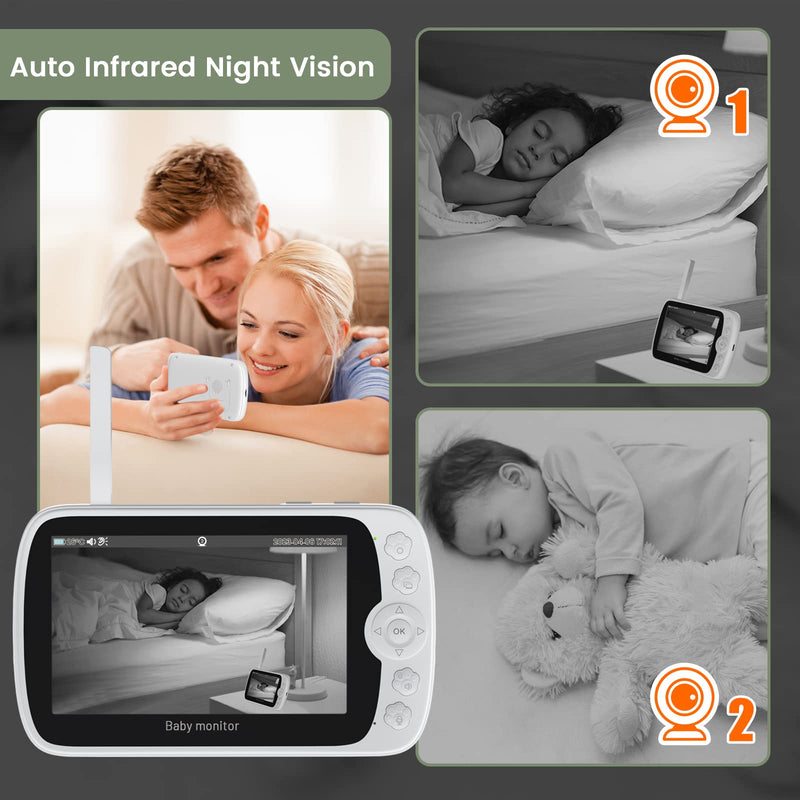 Split Screen Baby Monitor, Baby Monitor with 2 Cameras, 5" Pan-Tilt-Zoom Video Baby Monitor, HD Baby Video Cameras Monitor Audio with VOX Mode, Night Vision & 8 Lullabies and 1000ft Long Range No Wifi - BeesActive Australia