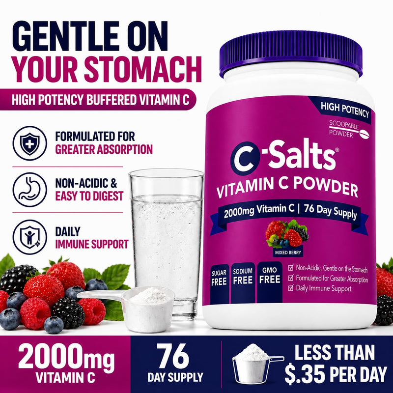 C-Salts Buffered Vitamin C Powder - Pure Organic, Stomach Friendly Ascorbic Acid VIT C Drink for Daily Immune Support & Collagen Production - Vegan Non GMO Sugar Free - 84 Servings Mixed Berry, 8oz 8 Ounce (Pack of 1)