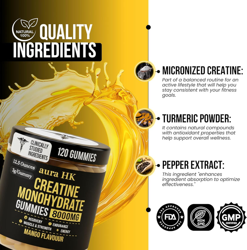 Sugar Free Creatine Monohydrate Gummies 8000mg Per Serving for Men & Women, Mango Flavour, Vegan 5000mg Creatine, BCAA, Taurine, L-Carnitine, Vitamins B12 & B6 Strength, Focus & Endurance, 120 Gummies Mango 8000mg