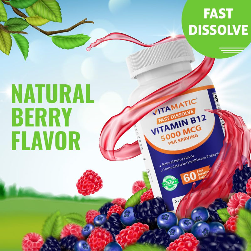 Vitamatic Vitamin B12 5000 mcg – 60 Fast Dissolve Tablets Berry Flavor – Supports Energy Production & Nervous System Health – Non-GMO, Gluten-Free 60 Count (Pack of 1)