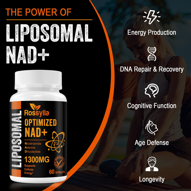 Rossylla Liposomal NAD+ Supplement, 1300 mg per Serving, NAD Plus Supplement with Liposomal Delivery, Supports Cellular Energy and Healthy Aging, 120 Softgels 60 Count (Pack of 2)