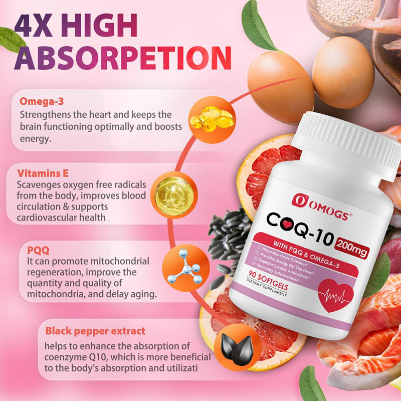 OMOGS CoQ10 200mg Softgels, Coenzyme Q10 High Absorption Supplements Support Heart Health, Cardiovascular Health, Immune System & Cellular Energy Production, Gluten Free, 90 Softgels 90 Count (Pack of 1)