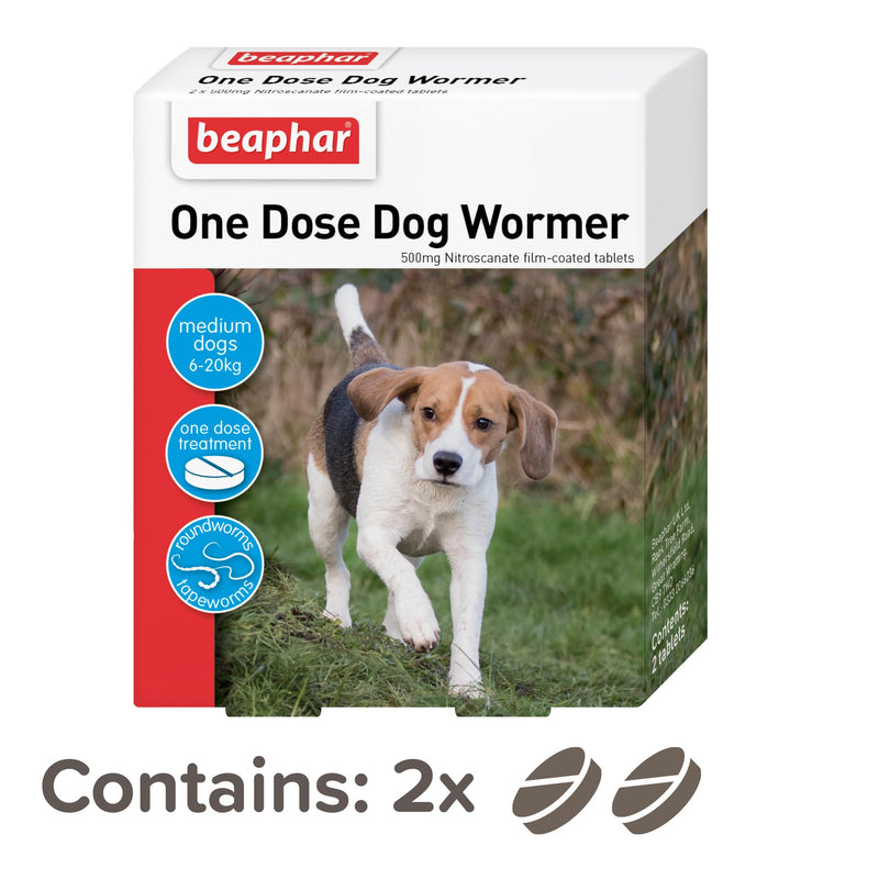 Beaphar – One Dose Dog Worming Tablets – For Medium Dogs Weighing 6kg to 20kg – Kills Roundworms and Tapeworms - Veterinary Medicine – Easy-To-Give Tablets – 2 tablet pack