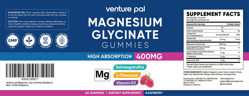 60 Day Supply Magnesium Glycinate 400mg Gummies Sugar Free High Absorption | With Ashwagandha, L-Theanine, CoQ10, Vitamin D3 & B6, Adults & Kids, Stress Relief, Sleep & Calm, Vegan, Gluten Free 60 Count (Pack of 1) V3-raspberry