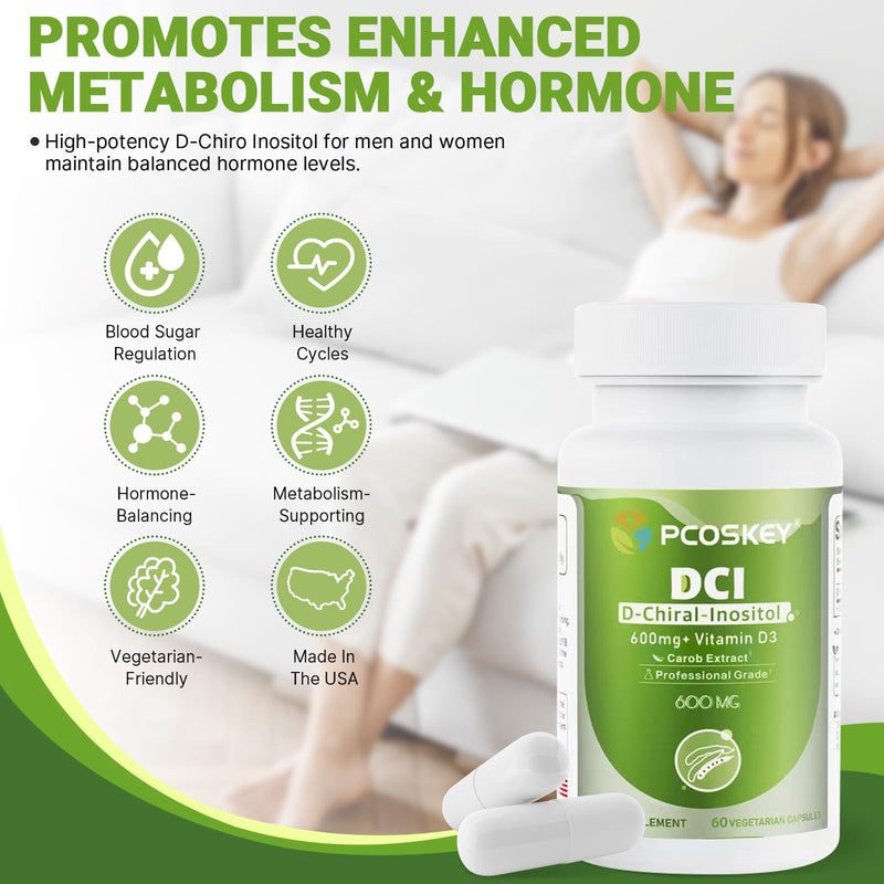pcoskey® D-Chiral-Inositol with Vitamin D3 – 600mg DCI + 400 IU Vitamin D3 – Hormonal Balance & Metabolic Support – 60 Vegetarian Capsules