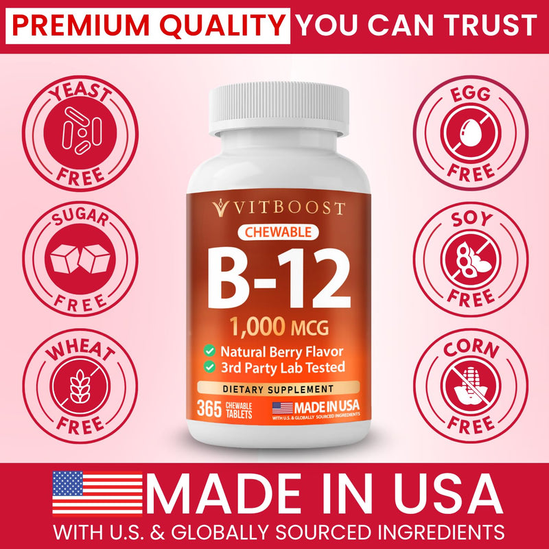 VITBOOST Vitamin B12 1000 mcg Chewable Tablets Natural Berry Flavor, 365 CT | B-12 Vitamin for Energy & Nervous System Support - Non-GMO Tablets, Third Party Tested - Made in USA
