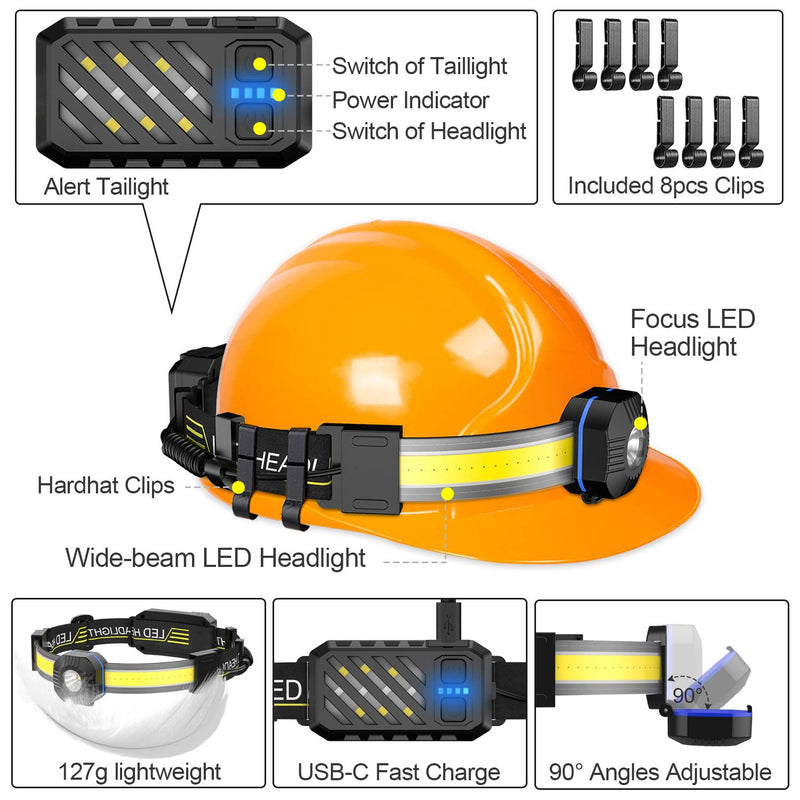 LED Headlamp, 1000lumens 230° Widebeam Headlight, USB Rechargeable HeadLamp with Red Taillight, Lightweight Waterproof Headband Light for Camping Running Hiking, Hard Hat Headlamp led headlamp 2pcs