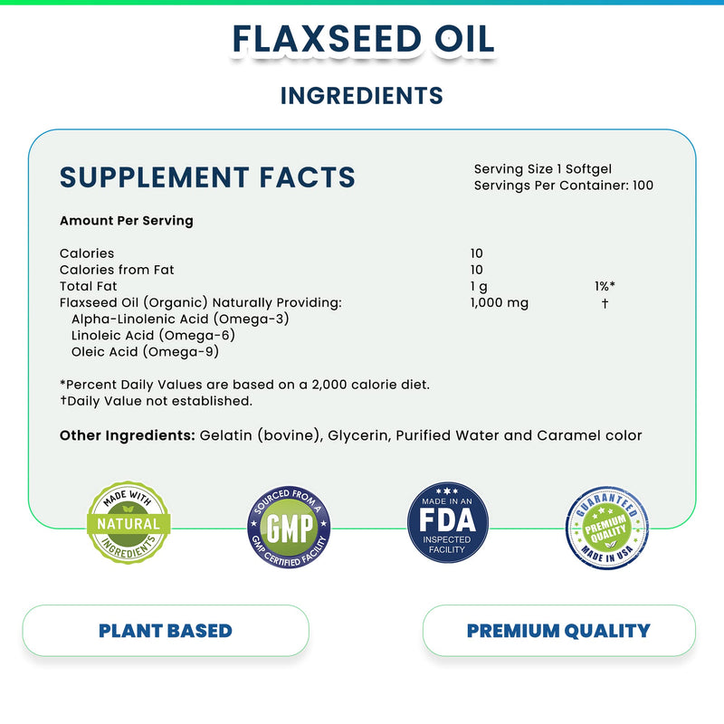 Organic Flaxseed Oil 1,000 mg Omega-3, Immune System Booster with Omega 3,6,9 from Natural ALA, Supports Healthy Heart, Hair, Skin and Nails, 100 Rich Liquid Softgels Per Bottle
