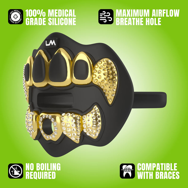 Loudmouth Football Mouth Guard - 3D Chrome Grillz Football Mouthpiece, Fits Adult & Youth, Mouth Guard Accessories (3D Grillz Bling - Chrome Black/Gold) 3d Grillz Bling - Chrome Black/Gold