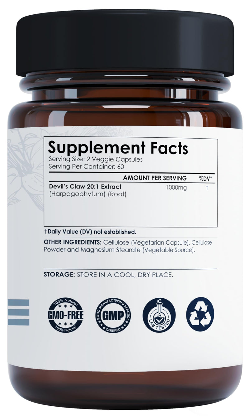 Devils Claw Capsules 1000mg 120 Count Root Extract 20:1 Herbal Supplement Plant Based Botanical Formula Vegan Non GMO Herbal Extract Capsules - BeesActive Australia