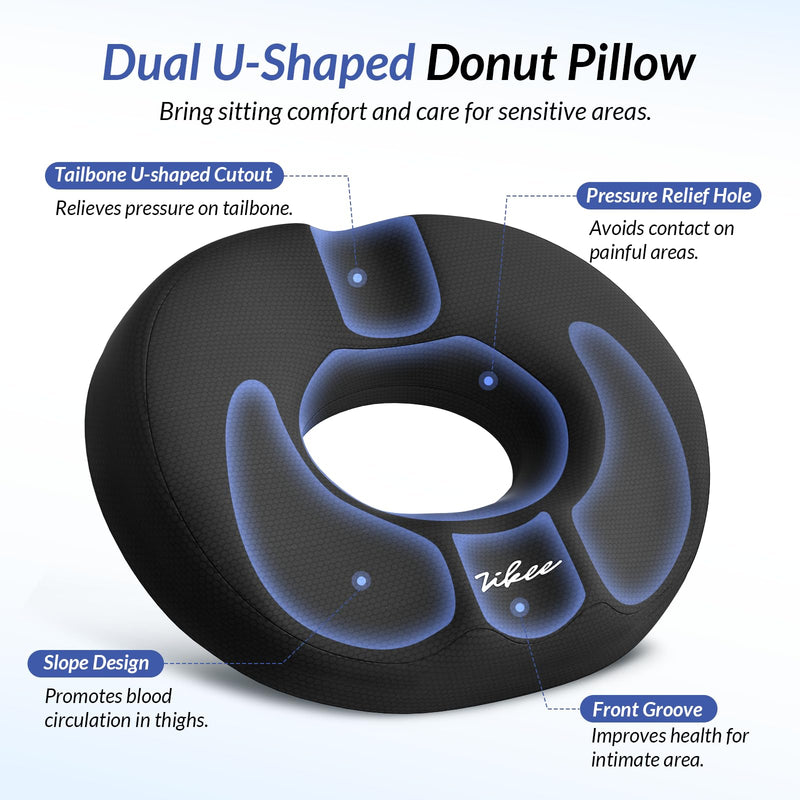 ZIKEE Dual U-Shaped Donut Pillow for Tailbone Pain, Hemorrhoid Pillow for Sitting with Pressure Relief Hole & Slope Design, Donut Seat Cushion for Coccyx, Postpartum & Post Surgery Sitting Relief Black