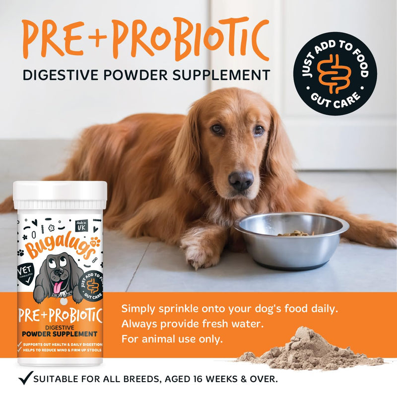 Bugalugs Probiotics For Dogs - Powder, Simple To Add To Food - Complete Daily Digestive Support With Probiotics & Prebiotics For Happy Healthy Dogs (80g) 80g