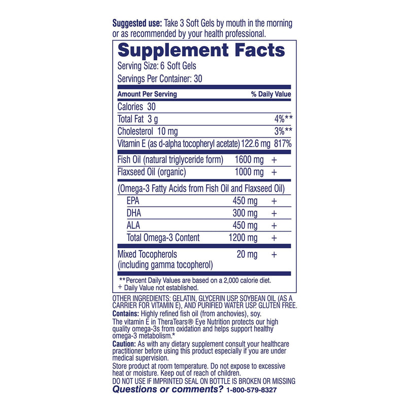 TheraTears Omega 3 Supplement for Eye Care, 180ct | 1200mg Fish Oil and Organic Flaxseed Oil with Vitamin E, Eye Nutrition, Promotes Healthy Tears & Eye Comfort 180 Count (Pack of 1)