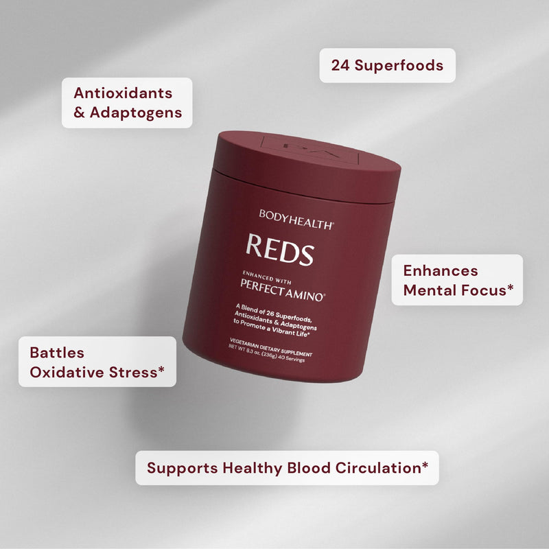 BodyHealth Reds Enhanced with PerfectAmino - Daily Superfood Smoothie Powder with Antioxidants, Adaptogens, Phytonutrients, Fruit, Prebiotics, Probiotics, Fiber, and Protein - 40 Servings 8.3 Ounce (Pack of 1)