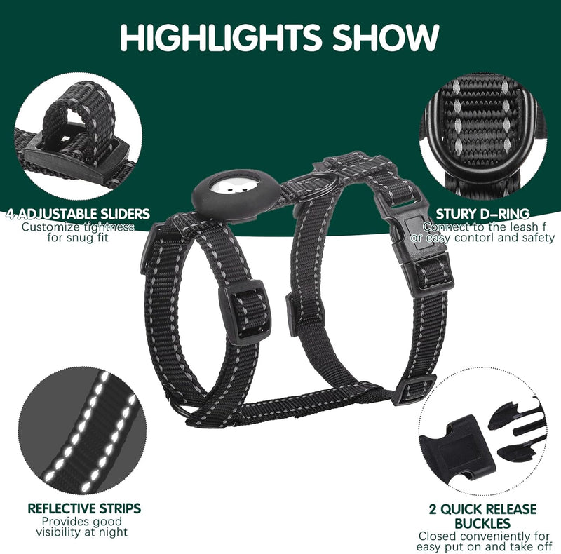 BINGPET Cat Harness and Leash Set Escape Proof for Walking,Adjustable Kitten Harness with Airtag Holder for Small Medium Large Cats,Easy Control Soft Harness with Reflective Stripes(Black Reflective) Neck:8"-12" Chest:12.5"-18" Black Reflective - BeesActive Australia