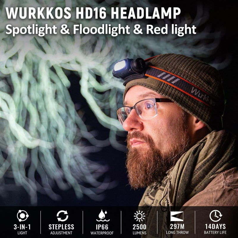 Wurkkos HD16 Headlamp Rechargeable 2500 Lumens, Powerful Light weight Head Flashlight with Throw White, Flood White Light and 660nm Red Light, IP66 Waterproof, USB-C Charging for Camping, Hiking, Work - BeesActive Australia