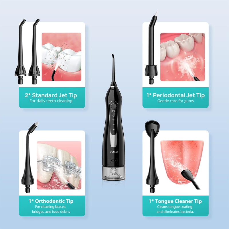 COSLUS Water Dental Flosser Teeth Pick C20(F5020E): Portable Cordless Oral Irrigator 300ML Rechargeable Travel Irrigation Cleaner IPX7 Waterproof Electric Flossing Machine for Teeth Cleaning Black - BeesActive Australia