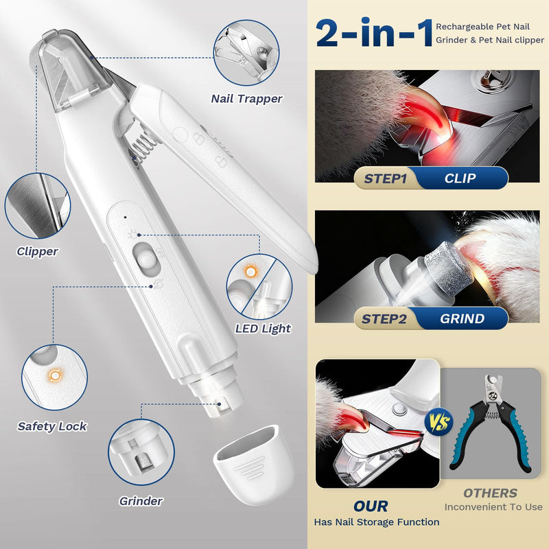 2-in-1 Dog & Cat Nail Clipper with Grinder - Dual Highlight LED Reduce Over-Trimming, Long Battery Cordless USB-C Rechargeable, Safety Lock & Catcher Cap, Quiet Home Grooming for Small Large Pets White