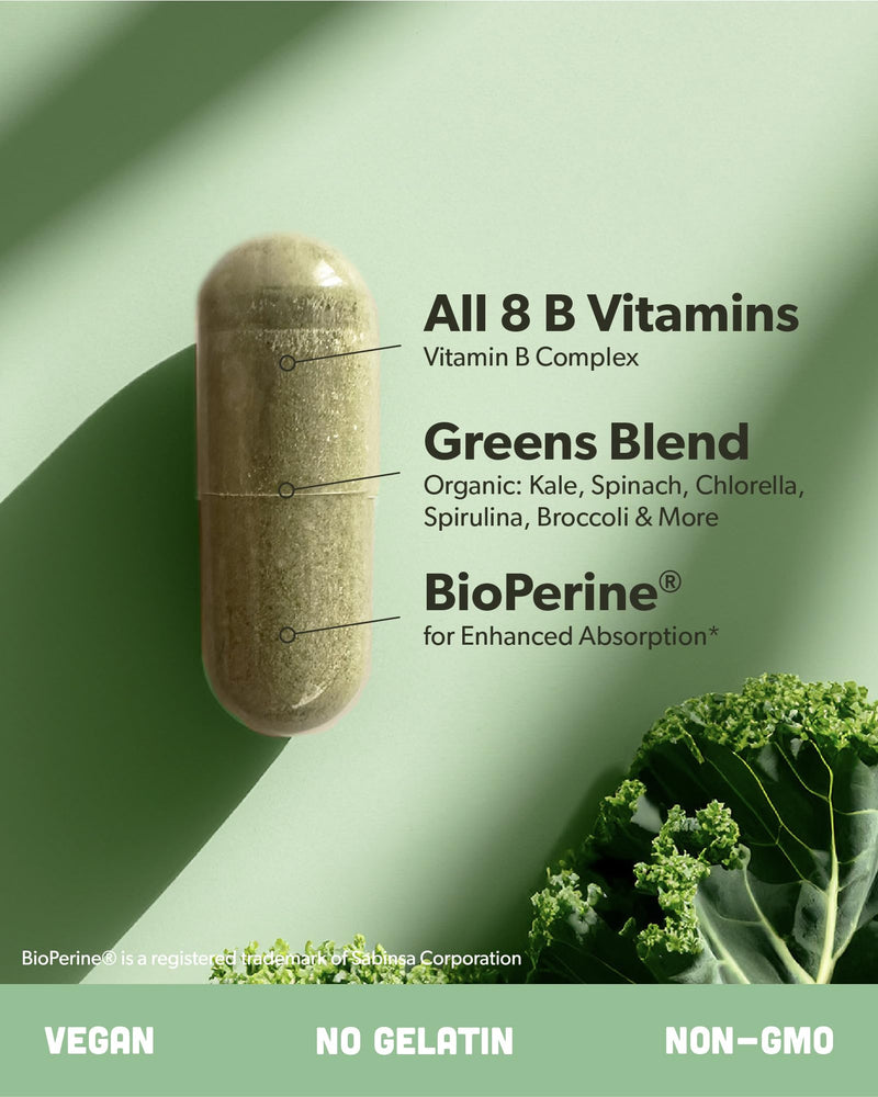 sapling Vegan Vitamin B Complex - Whole Food Blend with Essential B Vitamins B1, B2, B3, B5, B6, B7, Folate, B12-60 Caps