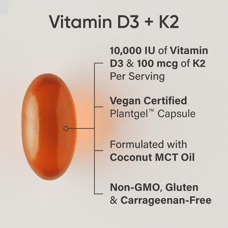Sports Research® Vegan Vitamin D3 + K2 w/Coconut Oil, 60 Count Plantgels™ | Plant-Based Vitamin D 10,000iu/250mcg & Soy-Free Vitamin K 100mcg for Bone & Immune Support - Vegan Certified · Non-GMO