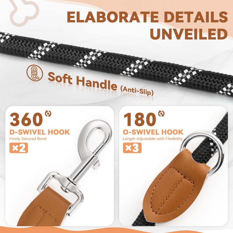 PETCOOZ dog leash 3 m adjustable towing leash for medium and large dogs (15-60 kg), reflective hands-free leash with 2 carabiners, double leash made of robust nylon, 200 kg extreme strength black - reflective - BeesActive Australia