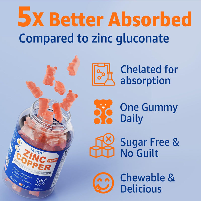 Zinc Copper Gummies, 4 Months Supply (15MG Zinc + 1.5MG Copper Per Serving) | Zinc Supplement w/ Probiotics, Vitamin B6 for Skin & Hair, Immune & Acne Support, Essential Minerals Supplements, Sugar Free 60 Count (Pack of 2)