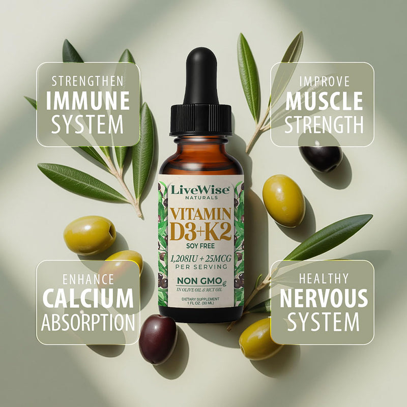 Live Wise Naturals Vitamin D3 K2 Drops for Adults, Ultra Concentrated | 930 Drops, 1208 IU Vitamin D3, 25 MCG (MK-7), Fast Absorption, Customizable Micro-Dosing Dropper for Calcium & Bone Support Adult D3+K2 1208IU No Flavor Added