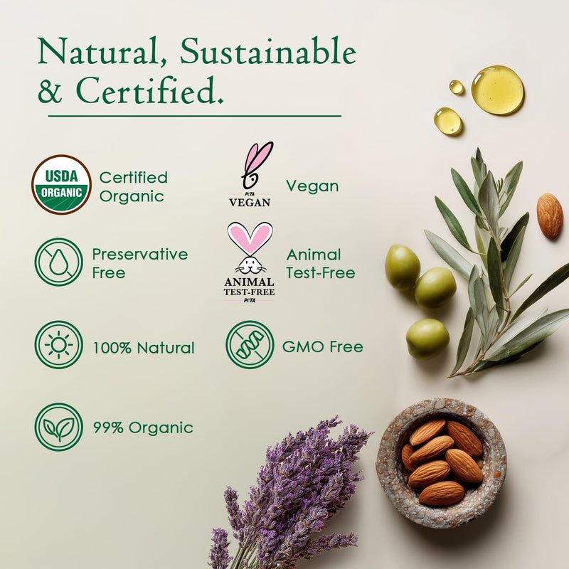 Organic Body & Face Oil for Dry Skin, Natural After Shower Moisturizer 8oz | Hydrating Cold Pressed Blend of Almond, Olive, Jojoba, Rosehip, Vitamin E & Lavender Oils, Scented Facial & Body Oil 8 Fl Oz (Pack of 1)