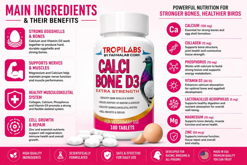 Farmalab Calcium Bone D3 Extra Strength Calcium Supplement for Pigeons, 100 Tablets, with Vitamin D3 and Collagen