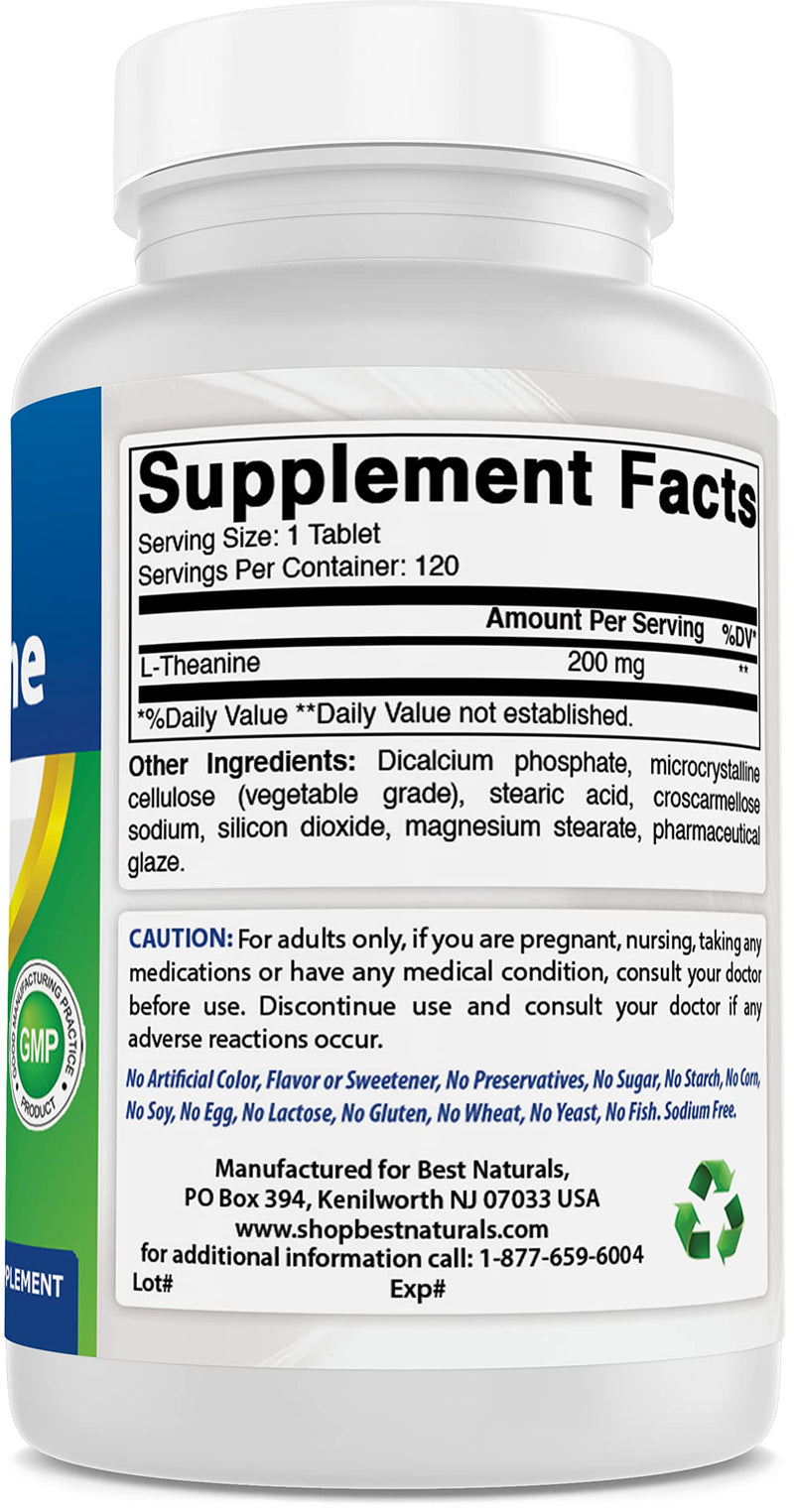 Best Naturals L-Theanine 200mg per Tablet (400mg per 2 Tablets) - Promotes Relaxation Without Drowsiness - 120 Vegetarian Tablets - (120 Count (Pack of 2)) 240 Count (Pack of 1)