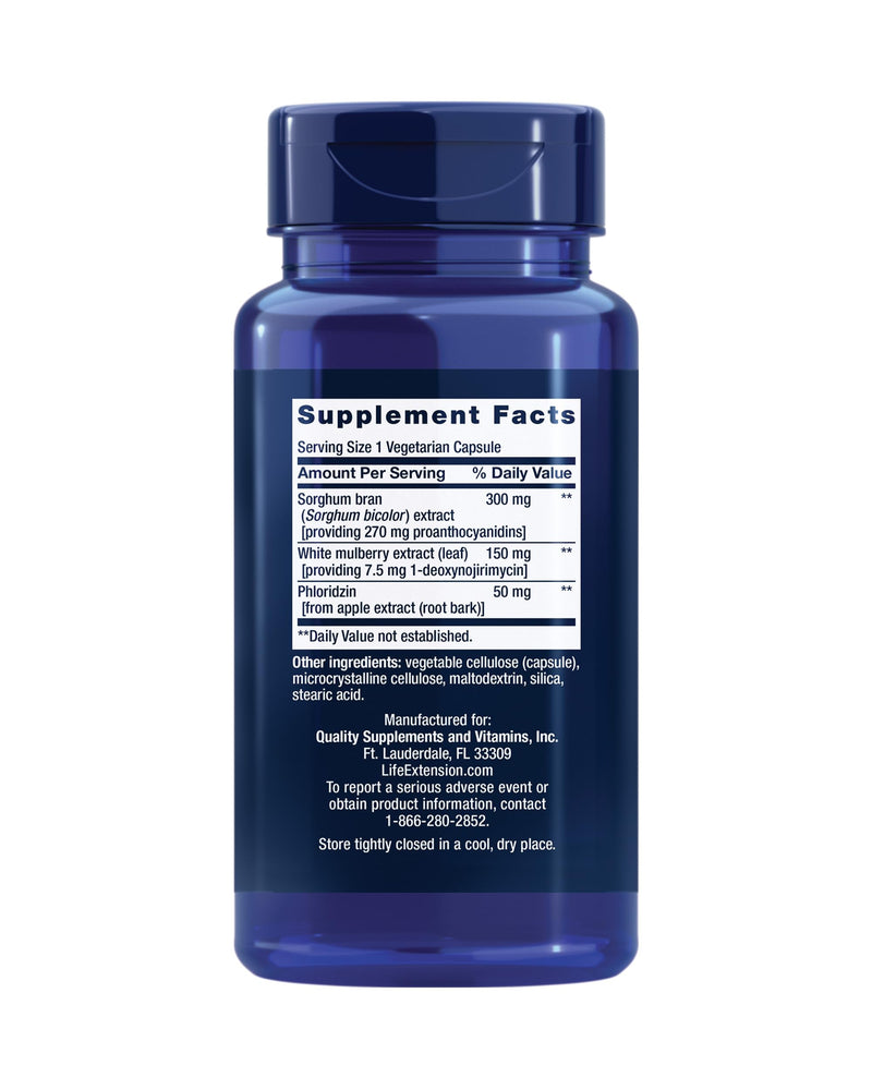 Life Extension Tri Sugar Shield®, Sorghum bran, White Mulberry, phloridzin Apple polyphenol, Three Botanical extracts Promote Healthy Glucose Metabolism, Gluten-Free, Non-GMO, Vegetarian, 60 Capsules | White Mulberry, Sorghum Bran & Phloridzin Apple Po...