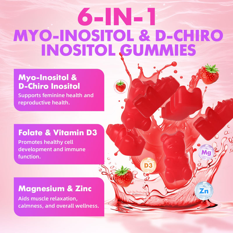 softbear Inositol Supplement for Women, Myo-Inositol & D-Chiro Inositol Gummies 1000mg with Vitamin D3 for POCS Support & Female Wellness, Sugar-Free/Veagn/GMO-Free, Strawberry Flavor, 60 Count 60 Count (Pack of 1)