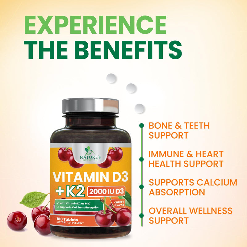 Vitamin D3 K2 Supplement - 2000 IU D3 Per Serving - Extra Strength MK-7 K with Vitamin D3 - For Immune Support, Heart, Teeth & Bone Health - Easy to Swallow D3K2 Chewable, Berry Flavor - 180 Tablets 180 Count (Pack of 1)