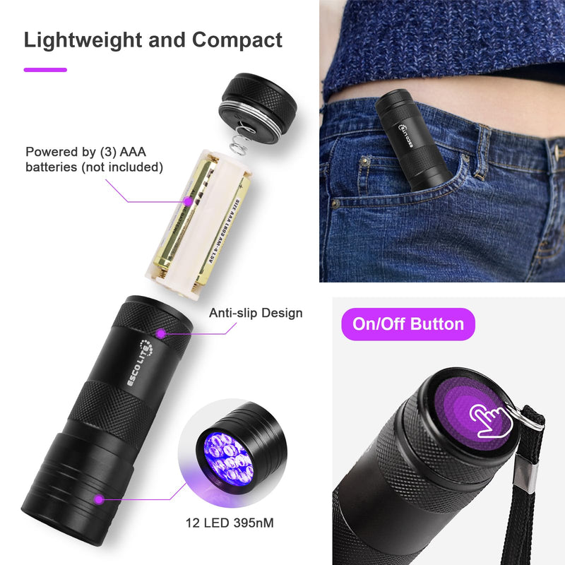 Escolite Black Light Flashlight, 12LED 395nm UV Handheld Black Light Mini, Dogs Urine Detector for Dry Urine Stains, Bed Bugs, Scorpions(2 Packs) - BeesActive Australia