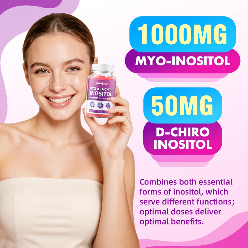 2 Pack Myo-Inositol & D-Chiro-Inositol Gummies with Vitamin D3, Magnesium Glycinate, Folate & Zinc, Inositol Supplement for Female Health, Vegan, Raspberry Flavor, 120 Gummies 2pack