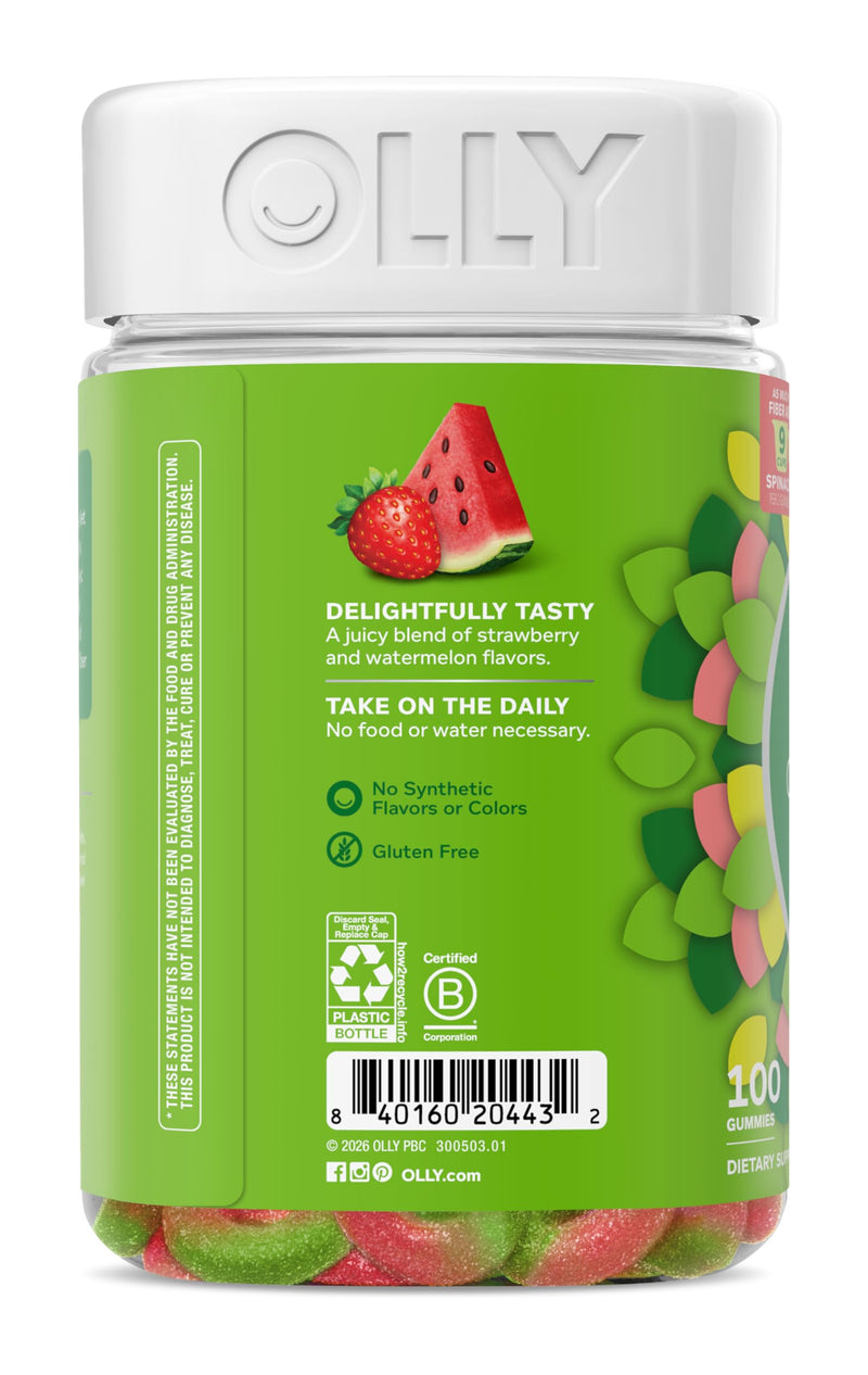 OLLY Fiber Gummy Rings Digestive Health Supplement, Berry Melon - 100 Count 100 Count (Pack of 1)