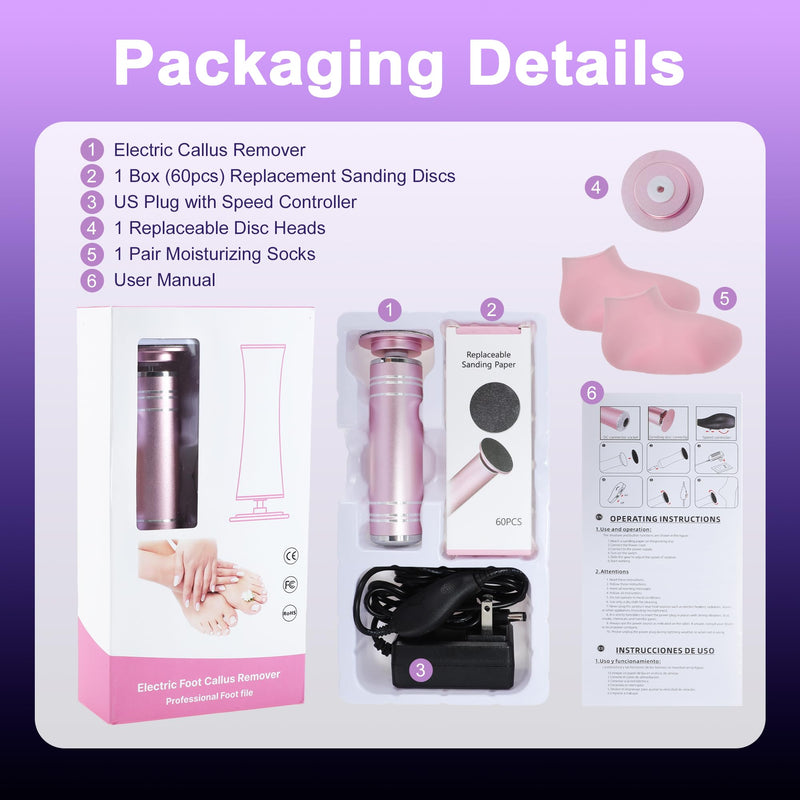VOCOSTE 1200RPM Electric Callus Remover for Feet, 2 Replaceable Grinding Discs, 60 Sandpaper Discs, 1 Moisturizing Socks, Professional Pedicure Tool Kit for Dead Skin & Hard Cracked Heels Pink - BeesActive Australia