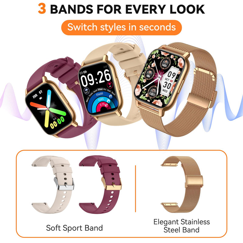 Smart Watch for Women(3 Bands), Smartwatch Fitness Tracker with Bluetooth Calls & AI Voice Control, 1.85’’ HD Screen, Heart Rate/SpO2 Monitor, Sleep Tracker, Compatible with Android iOS (Gold) Gold - BeesActive Australia