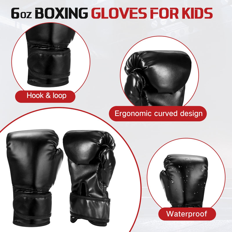 Boxing Gloves and Punching Mitts Set for Kids 6oz Black Gloves Curved Punch Mitts Pad Sparring Training Equipment for Martial Arts Muay Kickboxing Taekwondo Karate BJJ